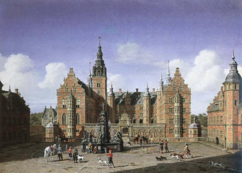 heinrich hansen frederiksborg castle,the departure of the royal falcon hunt oil painting image